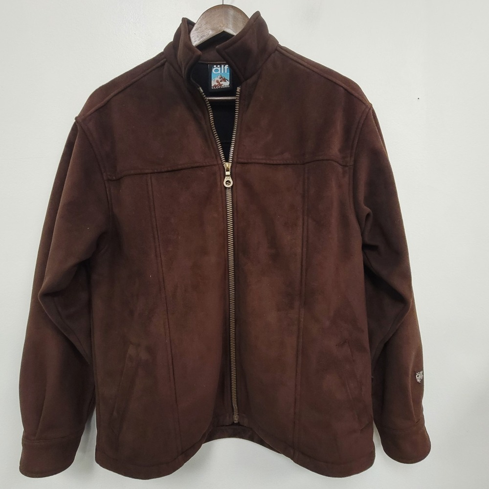 Alf Kuhl Mens Microsuede Fleece Jacket Size M Brown Faux Suede Wind Proof Zip
